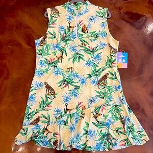Sleeveless Tropical Print Mini Dress in Cream and Green